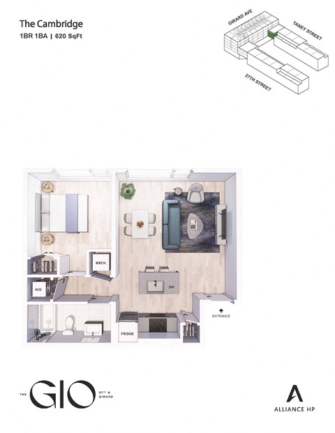 Floor plan for 1 bed, 1 bath, 620 sqft